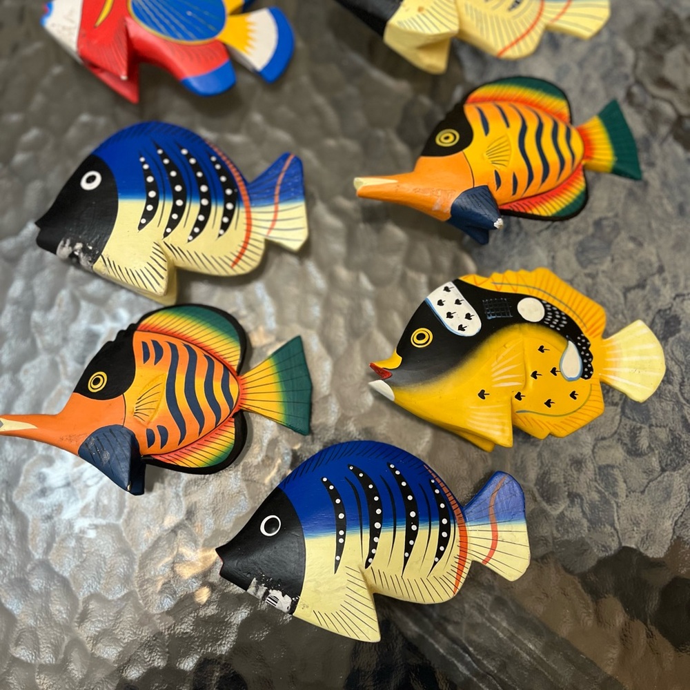 A Lot Of 7 Pier One wooden Hand Painted Colorful Fish Decorations